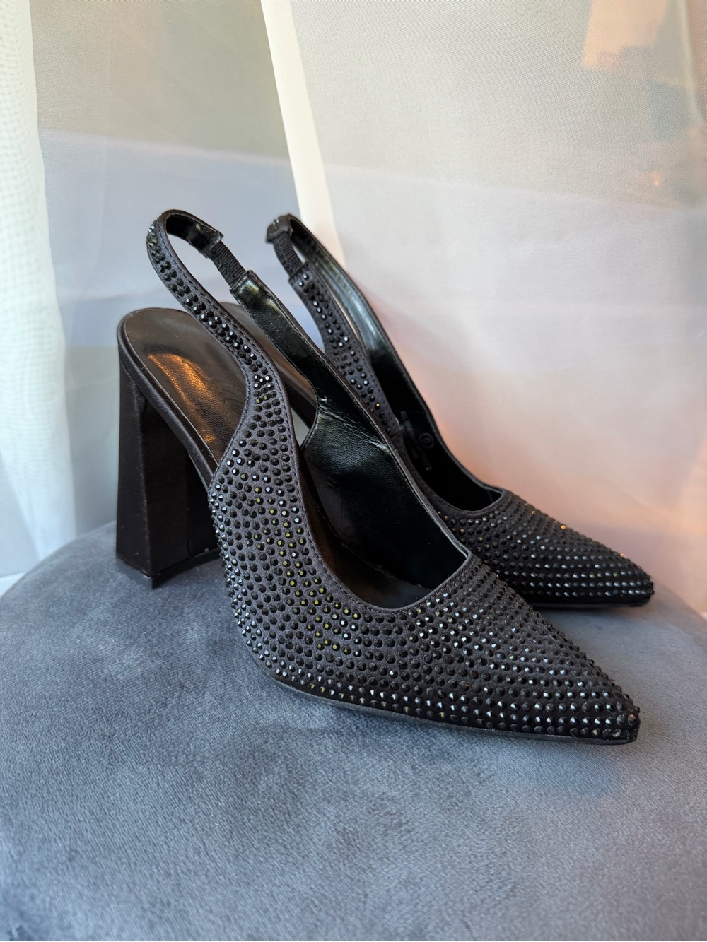 Black Crystal-Embellished Slingback Block Heels